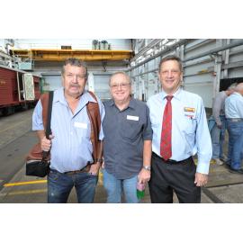 Glen Collins, Paul Mogg and Greg Ramsay at the reunion of former carriage builders, wagon builders and trimmers hosted by the Workshops Rail Museum, North Ipswich, 11th May 2013
