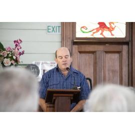 David McCosh saying the Gorsedd Prayer, in Welsh and English, at the 140th Anniversary service for the United Welsh Church, Blackstone, Sunday 4th October 2026