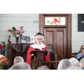 Robyn Osborne sharing the history of the church at the 140th Anniversary service for the United Welsh Church, Blackstone, Sunday 4th October 2026