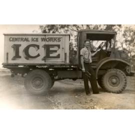 Max Horn with Central Ice Works truck, 1940s.