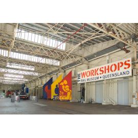 The Workshops Rail Museum banner and advertising signs at the Museum, North Ipswich, 2010