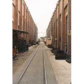 View along traverser track looking south, Ipswich Railway Workshops, North Ipswich, 1987