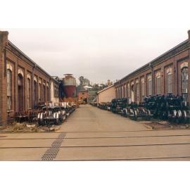 View from traverser track, Ipswich Railway Workshops, North Ipswich, 1987