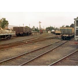 Traverser track leading to workshop from south gate, Ipswich Railway Workshops, North Ipswich, 1987