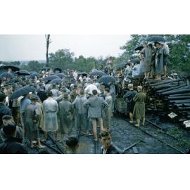 Miners and supporters listening to speeches during the 'staydown' strike at the Caledonian Mine, Thagoona, Ipswich, 1958
