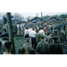 Miners and supporters listening to speeches during the 'staydown' strike at the Caledonian Mine, Thagoona, Ipswich, 1958