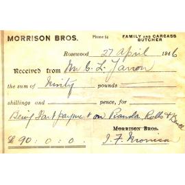 Receipt for part payment of pianola, rolls and bench on Morrison Bros. printed receipt, Rosewood, Ipswich, 1946
