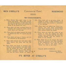 Free pass to Mick O'Reillys Commercial Hotel, Rosewood, Ipswich, 1940-1946