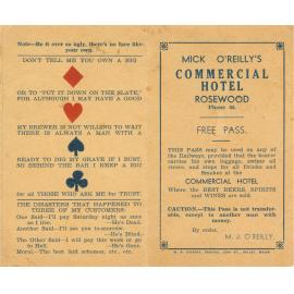 Free pass to Mick O'Reillys Commercial Hotel, Rosewood, Ipswich, 1940-1946