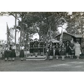 Members of the Ipswich Girl Guides during an unidentified ceremony, Ipswich, 1954
