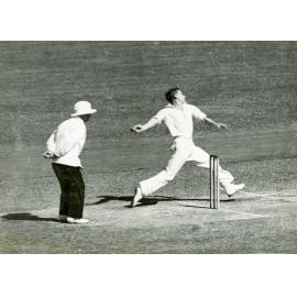 Len Johnson, Ipswich, bowling against England at the Brisbane Cricket Ground, Queensland v. England, 1946-1947
