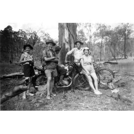 Friends from Ipswich on a motorcycle ride, near Goodna, Ipswich, 1953