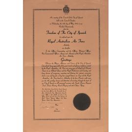 Illuminated 'Freedom of the City' certificate presented to the Royal Australian Air Force, Ipswich, 1970