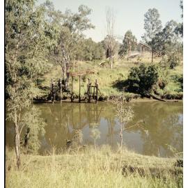 Old coal loading chutes thought to be on the Brisbane River bank at Colleges Crossing, Chuwar, Ipswich, 1991