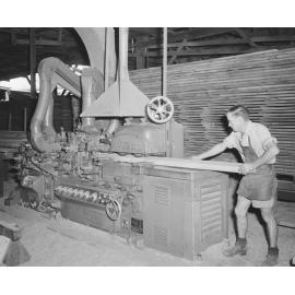 Worker cutting timber at Kruger Sawmill, Byrne Street, Bundamba, Ipswich, 1959