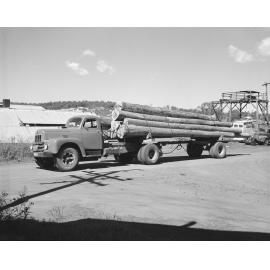 Loaded logging truck at Kruger Sawmill, Byrne Street, Bundamba, Ipswich, 1959