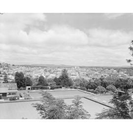 Looking West over Ipswich Bowls Club from Limestone Hill, Ipswich, 1959
