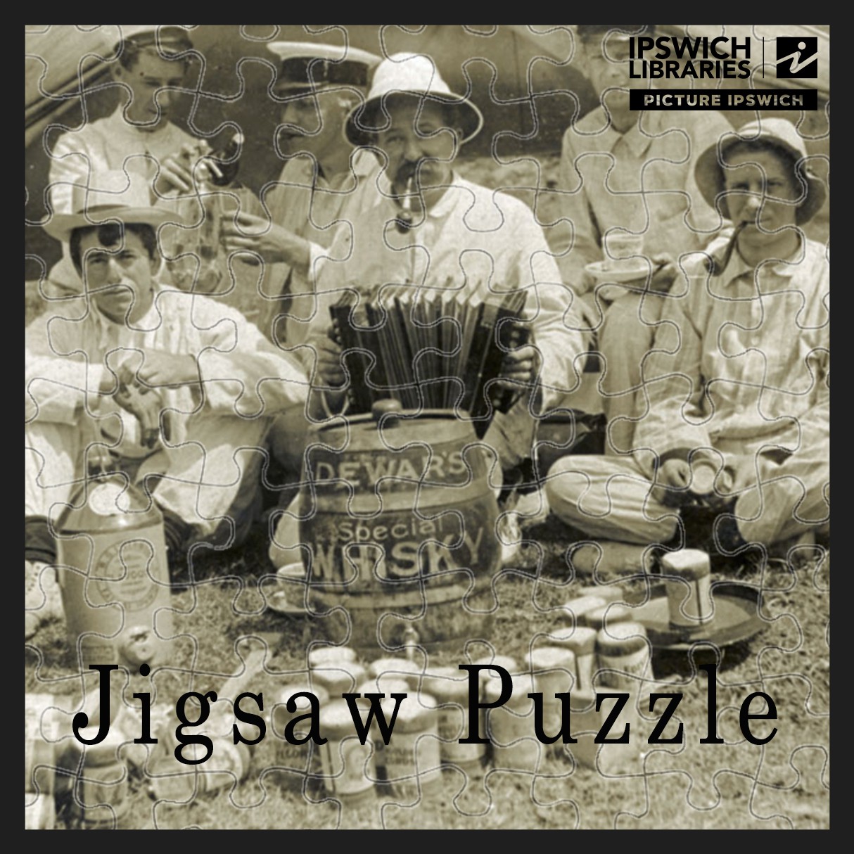 Group of men from the Motor Launch Celia at a camp, at Junction Point on the Bremer and Brisbane Rivers, Ipswich, c.1909 (Jigsaw Puzzle)